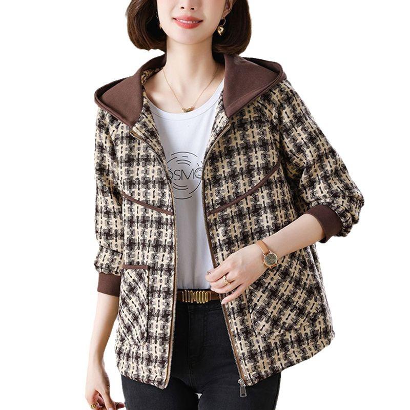 Autumn Large Size Fashion Plaid Short Hooded Jacket