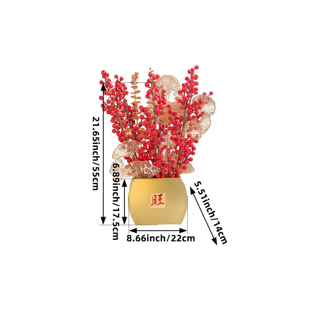 Artificial Flower Blessing Bucket Red Fruit Gold Leaves Potted Plant Tabletop Arrangement for Spring Festival Home Decor
