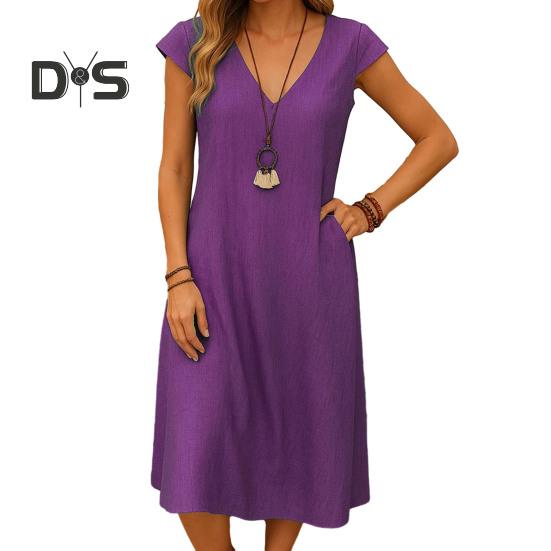 Women's Summer Cotton Linen Midi Dress V-Neck Short Sleeve Dress with Pockets Casual Beach A-Line Sundress