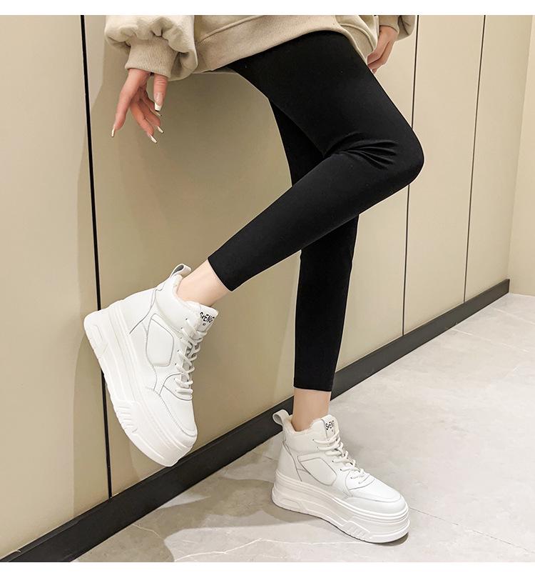Women's High-Top White Velvet Leather Sneakers, 2023 Trendy Thick-Soled Platform for Height Enhancement
