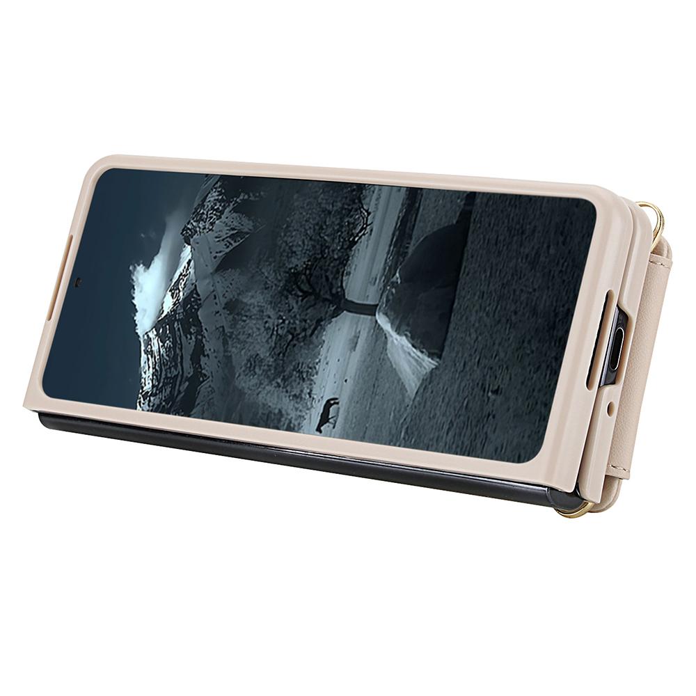 For Samsung Galaxy Z Fold4 5G Case Kickstand Card Slots Leather Coated TPU Cover with Shoulder Strap