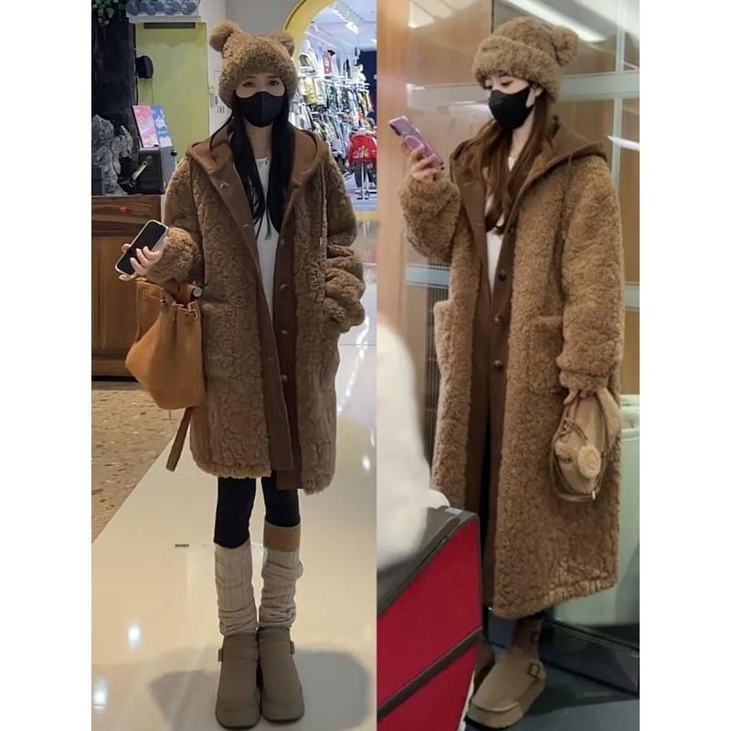 Korean Lazy Style Lamb Wool Winter Thick Warm Women Long Coat Faux Two Piece Jacket