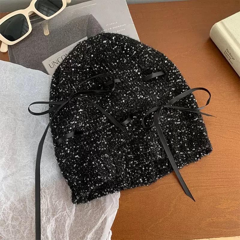 Korean Cold Hat Autumn and Winter Small Fragrance Style Sequin Knitted Hat Showing Face Small Fashionable Bag Head Hat