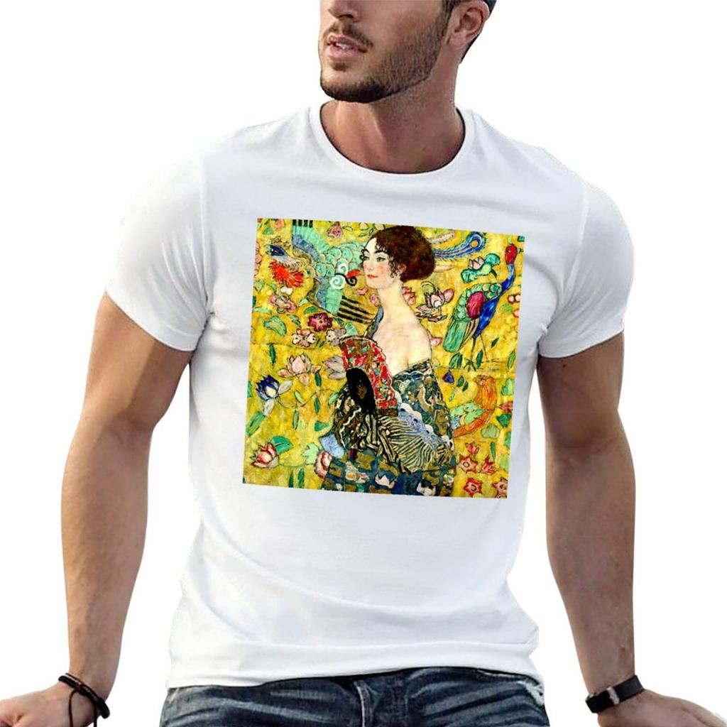 SIGNORA CON UN VENTAGLIO : T-shirt con Stampa Pittura di Gustav Klimt 1918 Basic Outfit Quotidiano Maglietta a Maniche Corte