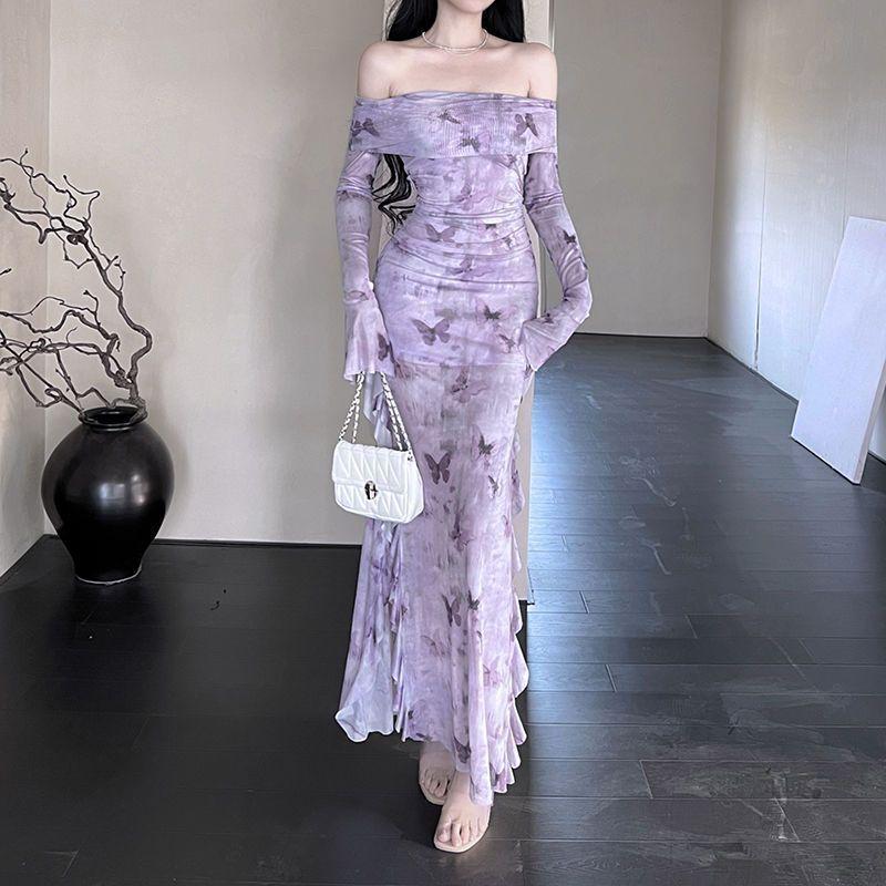 

French retro purple birthday dress dress female royal sister temperament one word off shoulder fishtail tube top dress female spring and autumn S фиолетовый