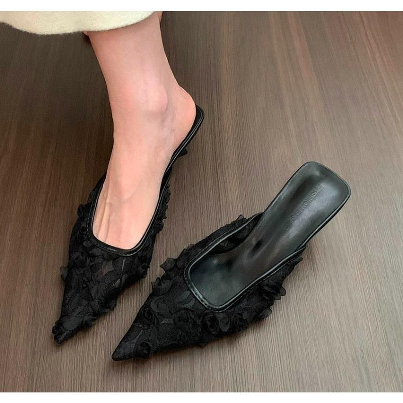 Ladies Flower Mesh Open Heel Sandals Shoes Sexy Designer High Heel Pointed Toe Stiletto Pumps Mules  Women Sandals
