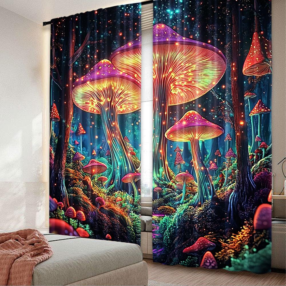2Pcs Mushroom Curtain Boho Curtains For Cute Mushroom Mother Curtains Blue Forest Landscape Curtain For Bedroom Living Room
