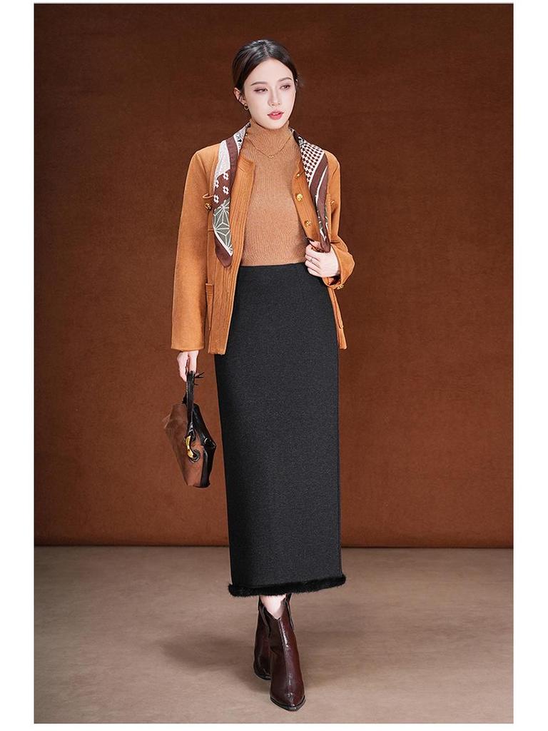 Fluffy Wool-Blend Ruffle Midi Skirt, 2025 Winter High-Waist Slim-Fit Pencil Skirt