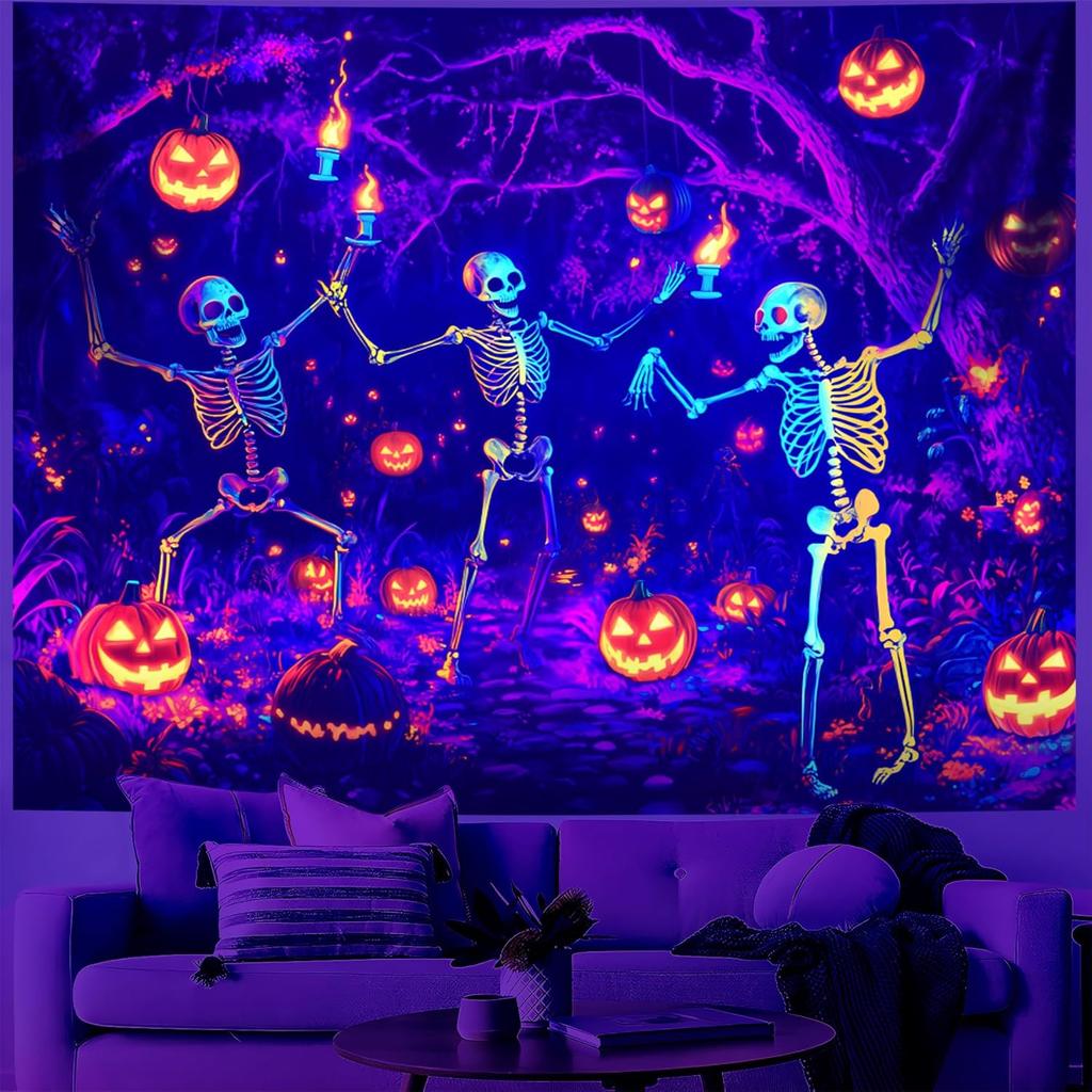 BVBOX Castle Blacklight Halloween Tapestry Horror Moon Night Scary Cemetery Pumpkin Lantern Halloween Tapestry Wall Hanging Skul