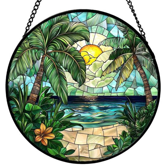 

Stained Glass Window Hanging Decoration Round Suncatcher Panel Home Office Living Room Garden Yard Patio Window Hanging Ornament O
