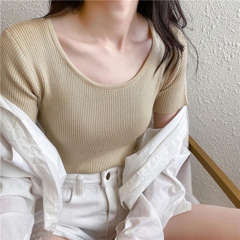 New Summer Round Neck Knitted Short Sleeve T-shirt Women Slim Fit Elastic Solid Casual Women's T Shirts Tops Fashion Elegant Simple Female Tee 26319