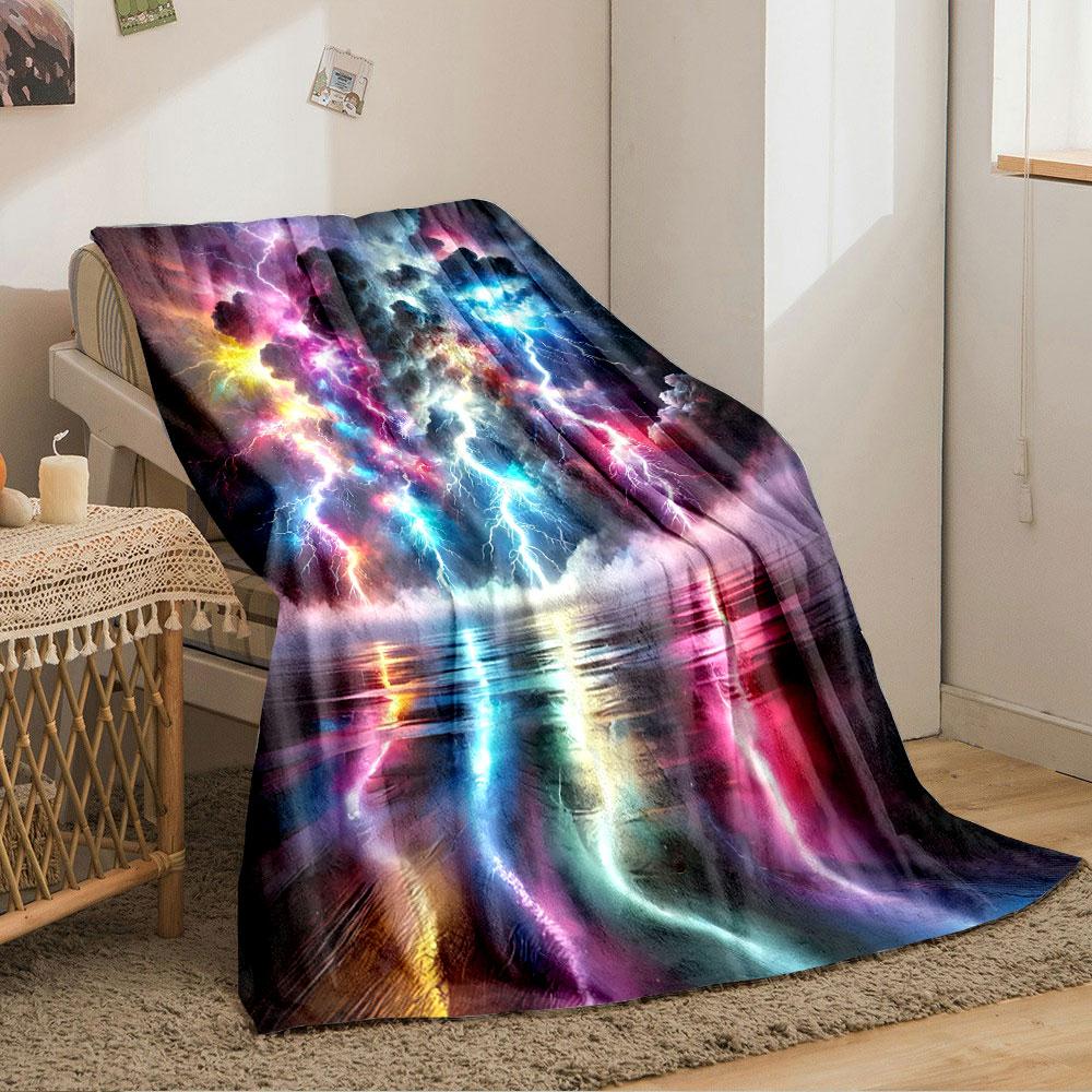 Vivid Lightning Bolts Illuminate Colorful Clouds with Reflections In Water. for All Seasons Blanket Lunch Break Throw Gift