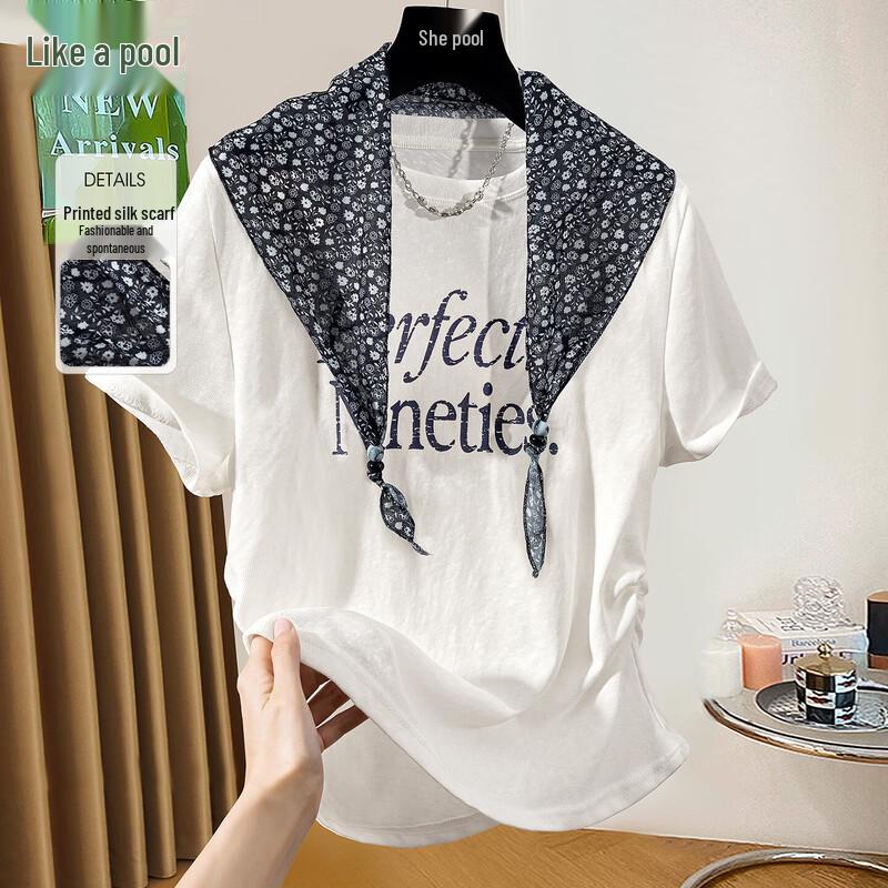 Women s Letter Print Pleated Waist Short Sleeve T-Shirt One Size