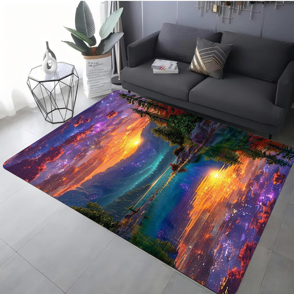 Fantasy Landscape Carpet Various Styles With Starry Sky Aurora Forest Mountain Lake Reflection Art Designs For Living Room Decor