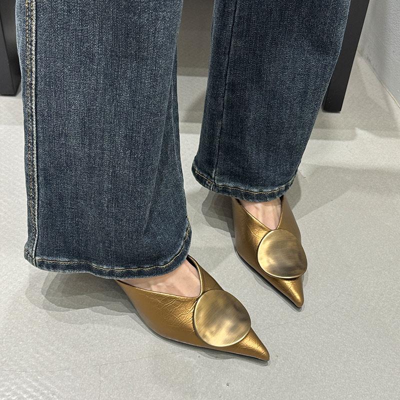 Fashion 2025 New Fashion Pointed Toe Ladies Medium Heels Pumps Shoes Spring Summer  Female Slides Metal Women Heeled Sandals Shoes Mules