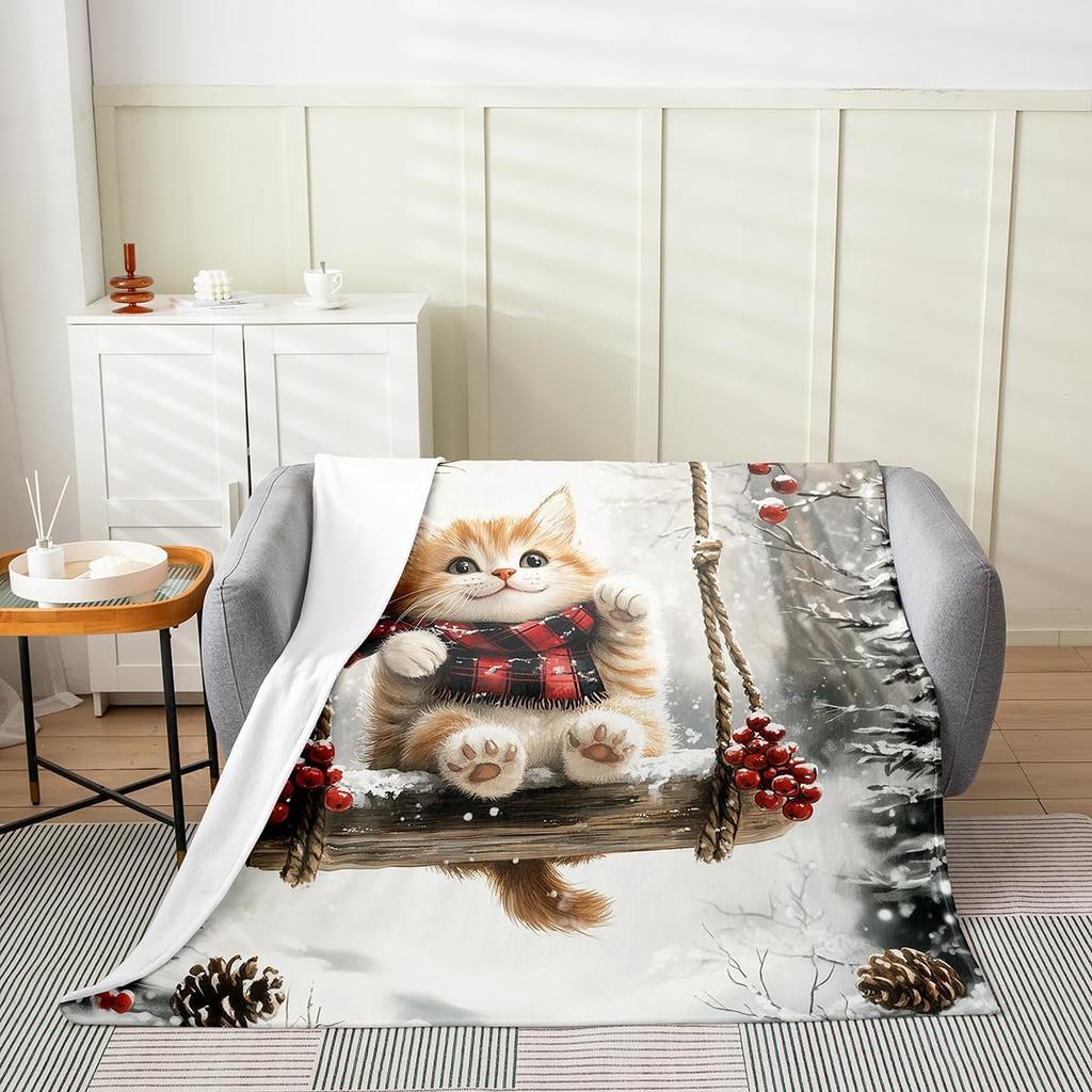 Gingerbread Xmas Flannel Blanket Blue Christmas Tree Candy Throw Blanket Western New Year Theme Cozy Throws for Bed Couch Sofa