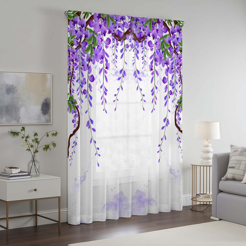 2 Pcs Elegant Purple Wisteria Sheer Curtain – Polyester Rod Pocket for Living Room Bedroom Balcony Study Decor