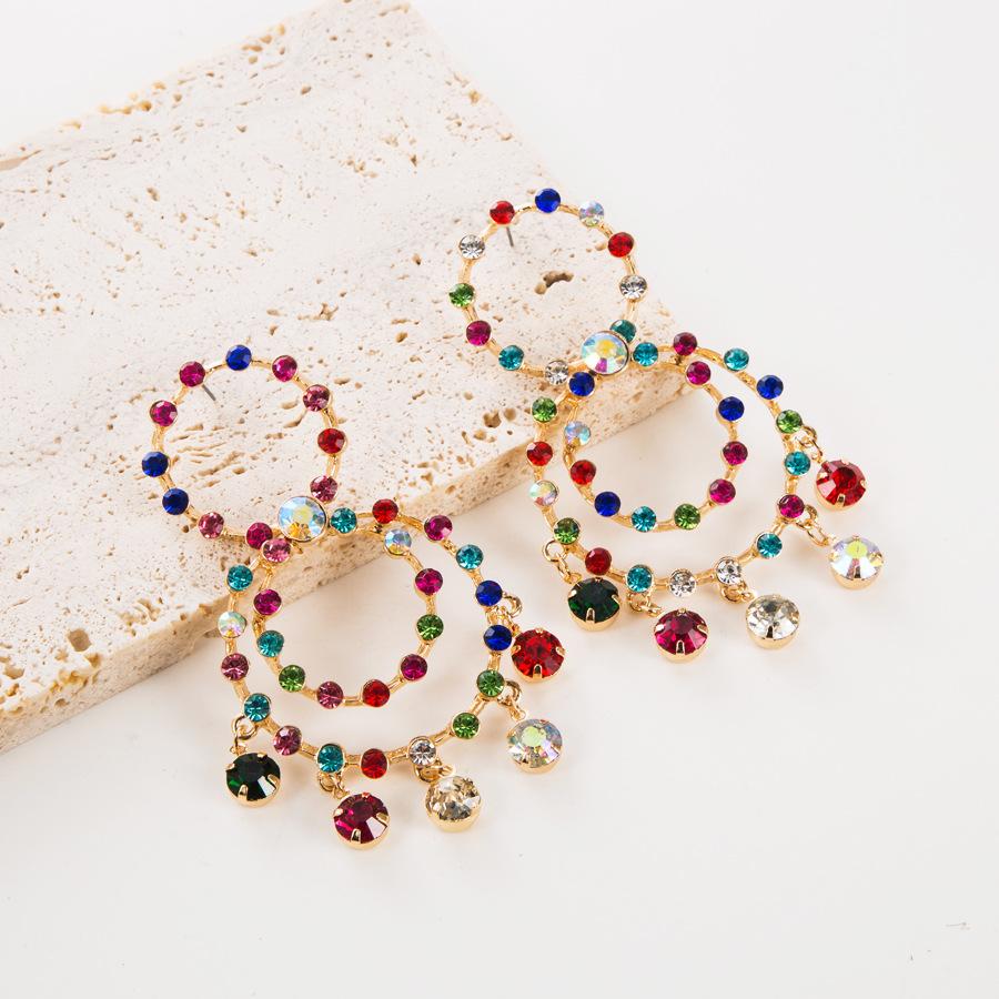 Women Exaggerated Personality Earrings Alloy Multilayer Round Crystal Hoop Earrings