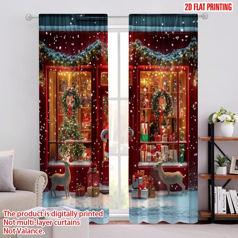 

Set Of 2 Flat Printing Merry Christmas Window Curtains Holiday Santa Claus Reindeer Fabric Without Electricity Family Party Made Polyester W100*H70(CM)-Rod Pocket&2PCS
