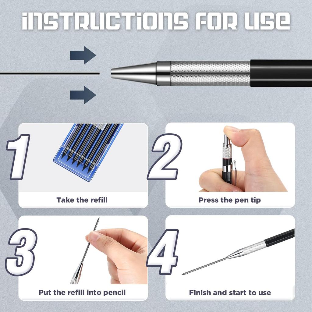 Nezyo 12 Pieces Welder Pencil with 108 Pieces Round Refills Mechanical Metal Pencil Marker with Built in Sharpener Pen for Construction Workers,
