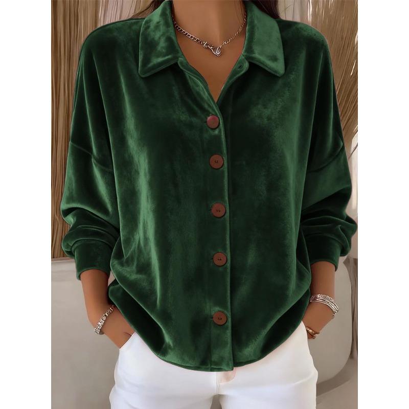 Women's Casual Long-Sleeve Shirt-Collar Cardigan, Velvet, Multi-Color Women's Top Shirt
