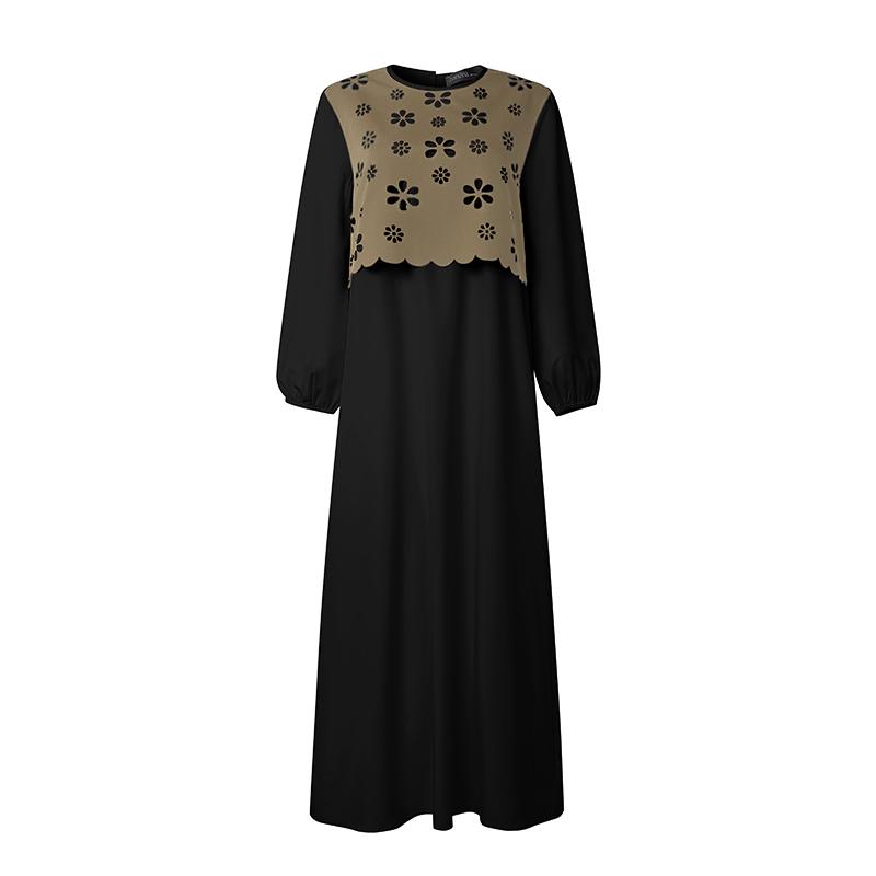 ZANZEA Women Hollow Splice Loose Casual Round Neck Long Sleeve Vintage Dress