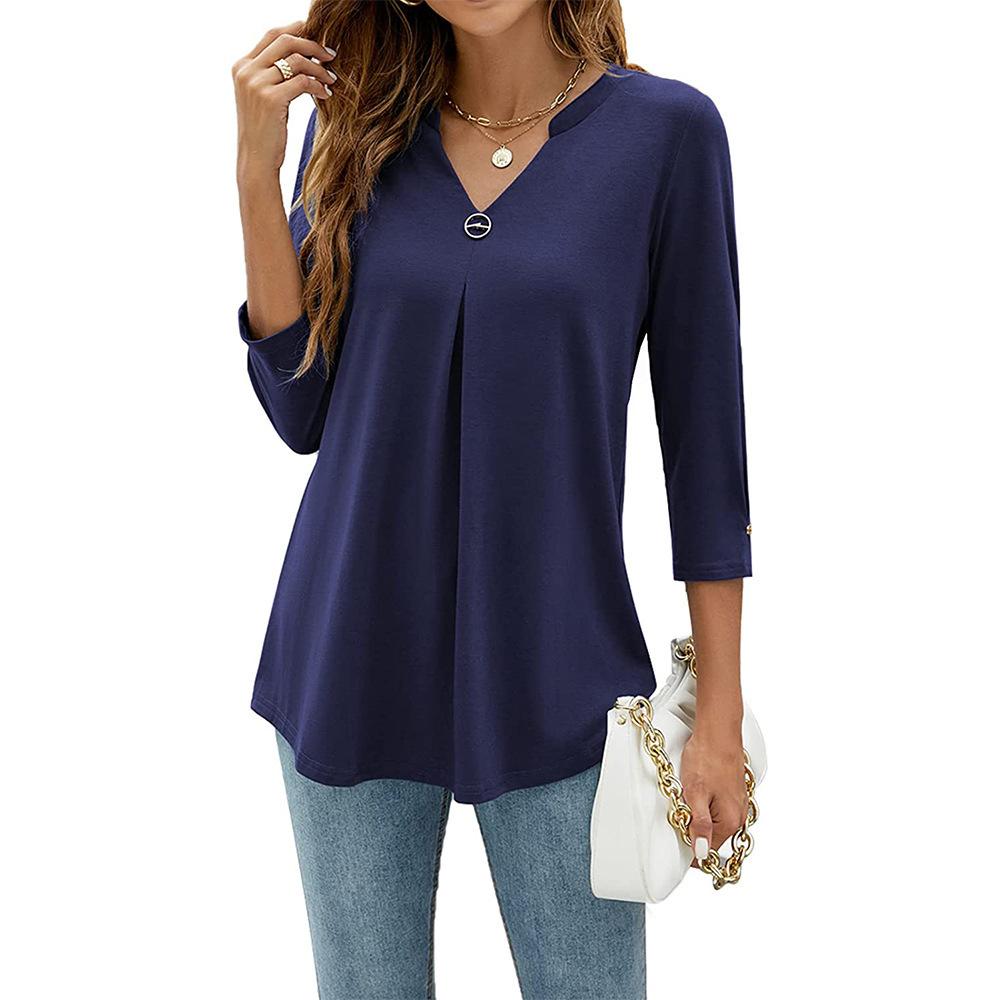 Spring Autumn Women T-shirt V Neck 3/4 Sleeve Pin Decor Pleated Hem Solid Color Slim Fit Tunic T-shirt Tops Blouse