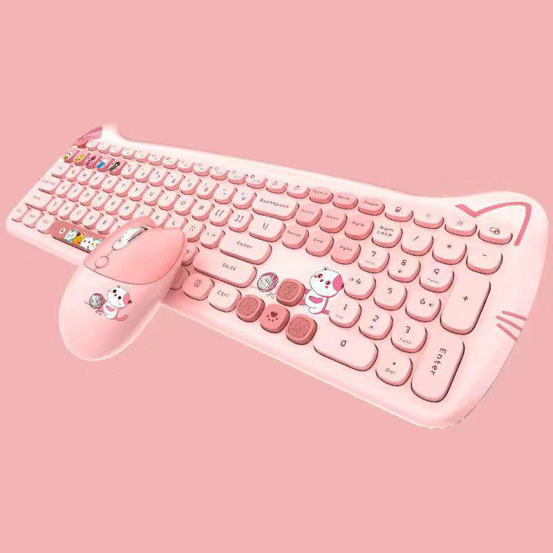 Adorable Kitty Cat Wireless Keyboard and Mouse Set with Pink Sakura Design and Cute Cat Ears - Perfect Silent Gift Box for Girls