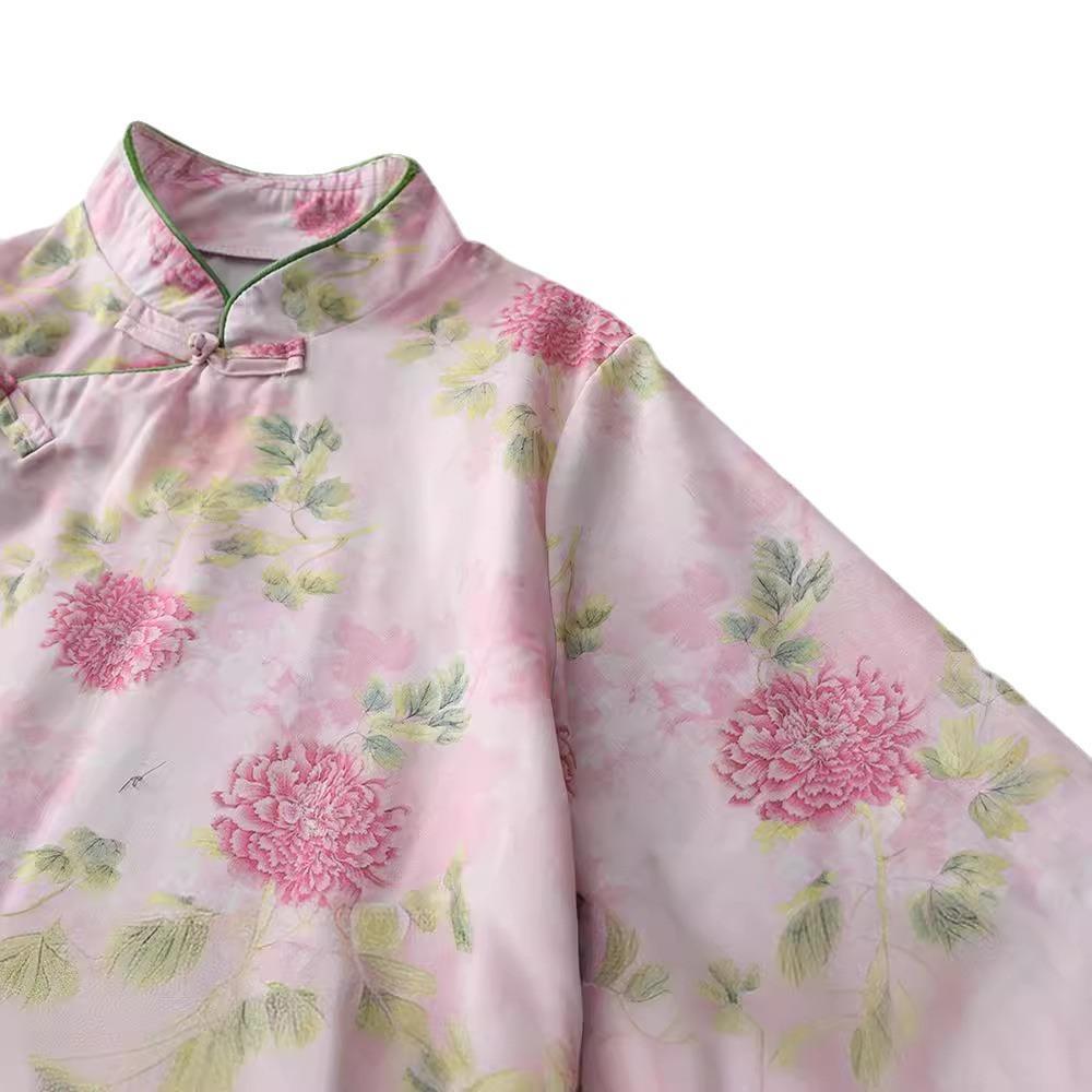 National style new Chinese women's cheongsam dress women's retro printing stand-up collar diagonal placket buckle horn sleeve long dress