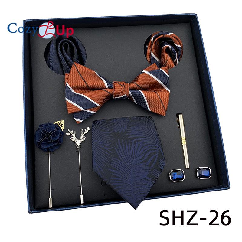 7 PCS Classic Men's  Tie Set Paisley Stripe Necktie for Men Pocket Square Bowtie  Brooch Cuff Father's Day Gift Box