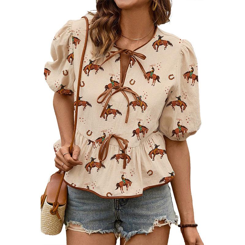 2025 Summer Women s Printed Bow Tie Short Sleeve Round Neck Top - European & American Fashion Trend Medium