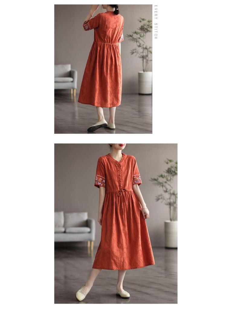 Damska Artystyczna Retro Sukienka z Krótkim Rękawem, Średniej Długości, z Haftowanego Bawełnianego i Lnianego Żakardu, ze Sznurkiem w Talii