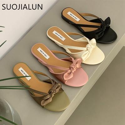 Mode SUOJIALUN 2025 Sommer Neue Marke Damen Slipper Mode Schleife Slip On Damen Sandalenschuhe Flacher Absatz Outdoor Freizeitkleid Pantolette