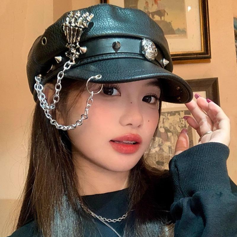 1 pièce Chapeau Beret Punk pour Femme avec Rivets Noirs Style Punk Casquette Gavroche Beret Chaud à Visière Casquettes Vintage Cabbie, Pour l'Extérieur, Usage Quotidien, Cadeau