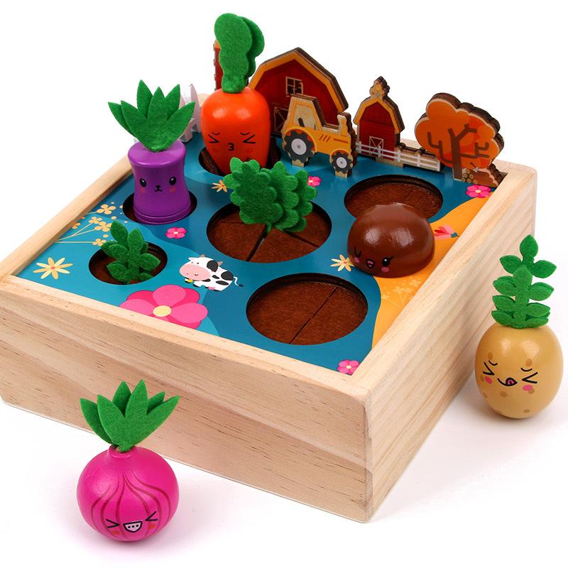 Wood Multi-Functional Children'S Educational Fruit Animal Shape Building Block Pulling Radish Pairing Farm Intelligence Car Toy