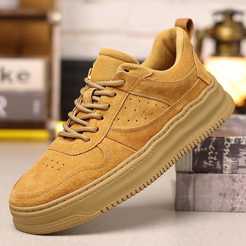 

New Men Leather Casual Shoes Young Man Cool Thick-soled Flat Platform Shoes Street Trend Lace-up Sneakers 44 жовтий