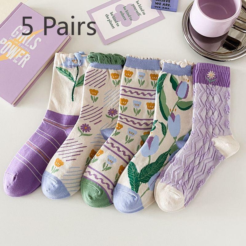 

5 пар фиолетовых женских носков, средней длины, милые трендовые носки с ретро-цветами, цвета карамельного макиато и тюльпана, для весны и осени 5 pairs