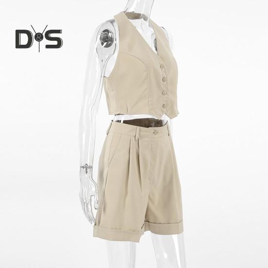 2 Pcs/Set Women Vest Shorts Suit Sleeveless Single-breasted Off Shoulder Halter Neck Button Solid Color Waistcoat High Waist Straight Knee Length