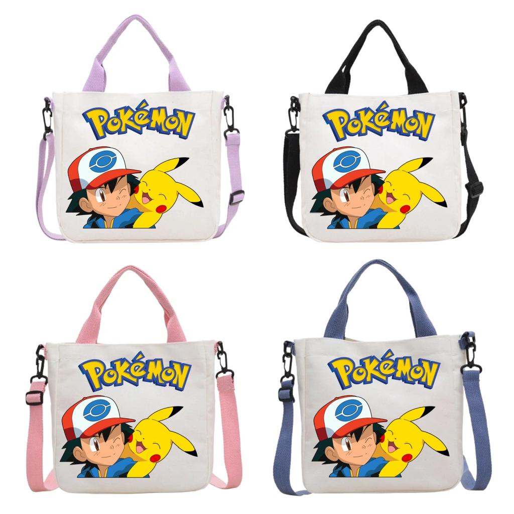 Pokemon Canvas Crossbody Bag Pikachu Cartoon Pattern Print Handbag Fashion Portable Large Capacity Travel Shopping Storage Kid Friendly Entertaining