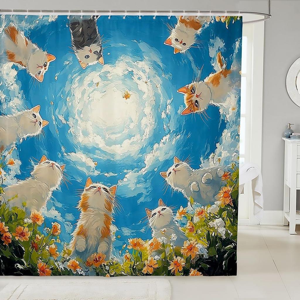 Cat Shower Curtain,Colorful Floral Bathroom Curtain,Kids Girls Boys Adult Cute Pet Animals Waterproof Fabrics Blue Sky Bathtub