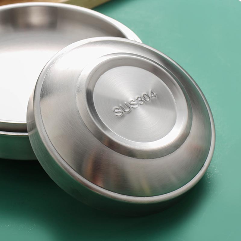 Double-Layer Round Kimchi Plate Dish, 304 Stainless Steel,Silver Color,Rice Bowl,Cold Noodle Plate Bowl,Insulation,Anti-Scalding