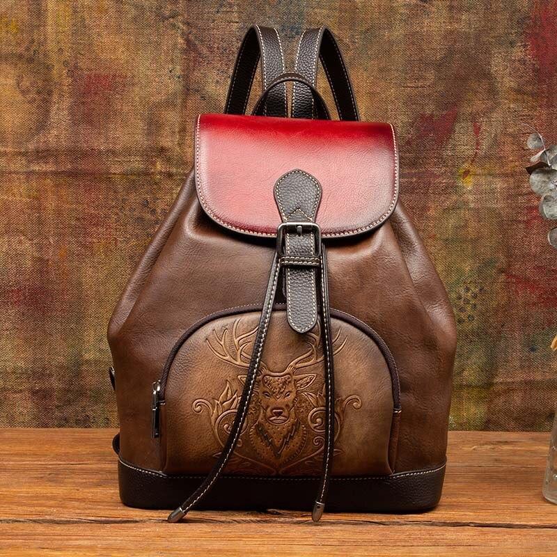 Johnature Tasche Geprägte Frauen Rucksack Weiches Rindsleder Vintage Große Kapazität Outdoor Reisetaschen