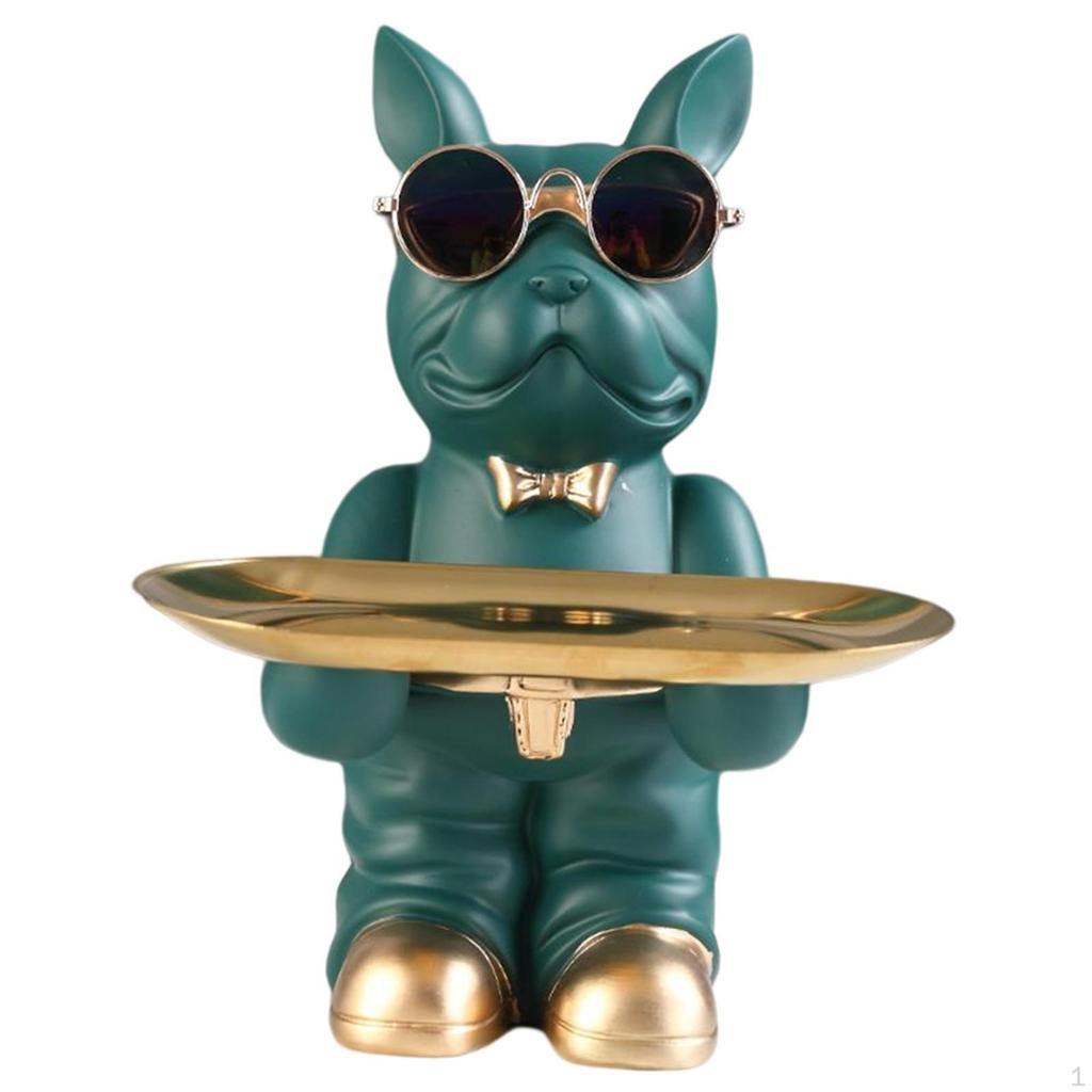 Dog Sculpture Figurine with Tray Desk Organizer Resin Statue for Living Room Table Decoration