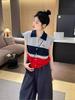 Women's 2025 Polo Collar Contrast Ice Silk Sleeveless Knit Top