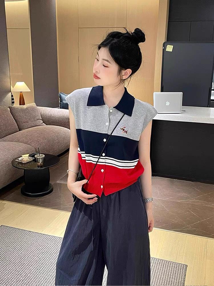 Women's 2025 Polo Collar Contrast Ice Silk Sleeveless Knit Top