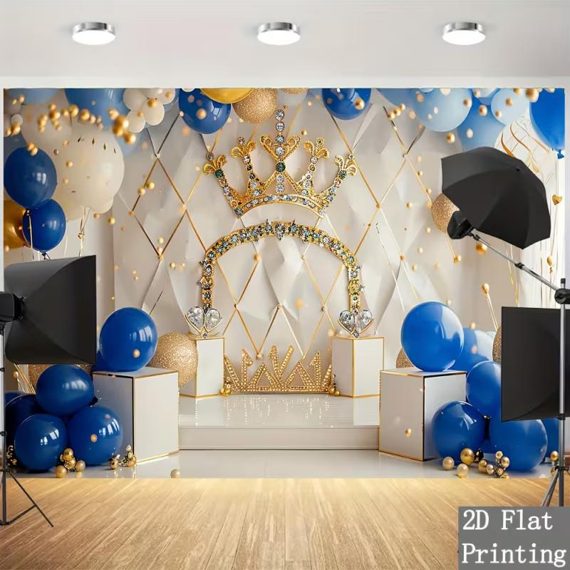 

2D Blue Gold Crown Backdrop for Boy 1st Birthday Photography 47.2x31.5inch/120*80cm