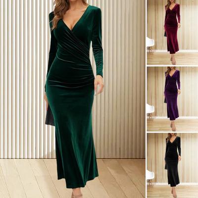 Fall Spring Women Evening Dress Long Sleeves Slim Fit Pure Color Fishtail Hem Velvet V Neck Prom Cocktail Party Midi Dress