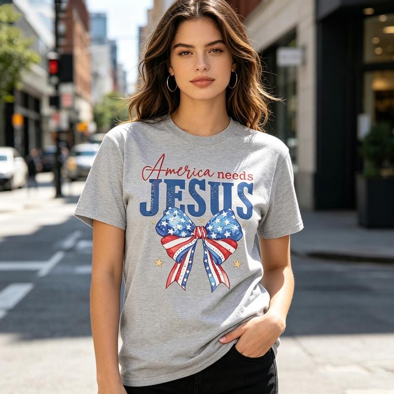 Patriotic Christian T Shirt America Needs Jesus Graphic Tee With USA Flag Bow Print For Unisex Unisex Soft Cotton Crew Neck E