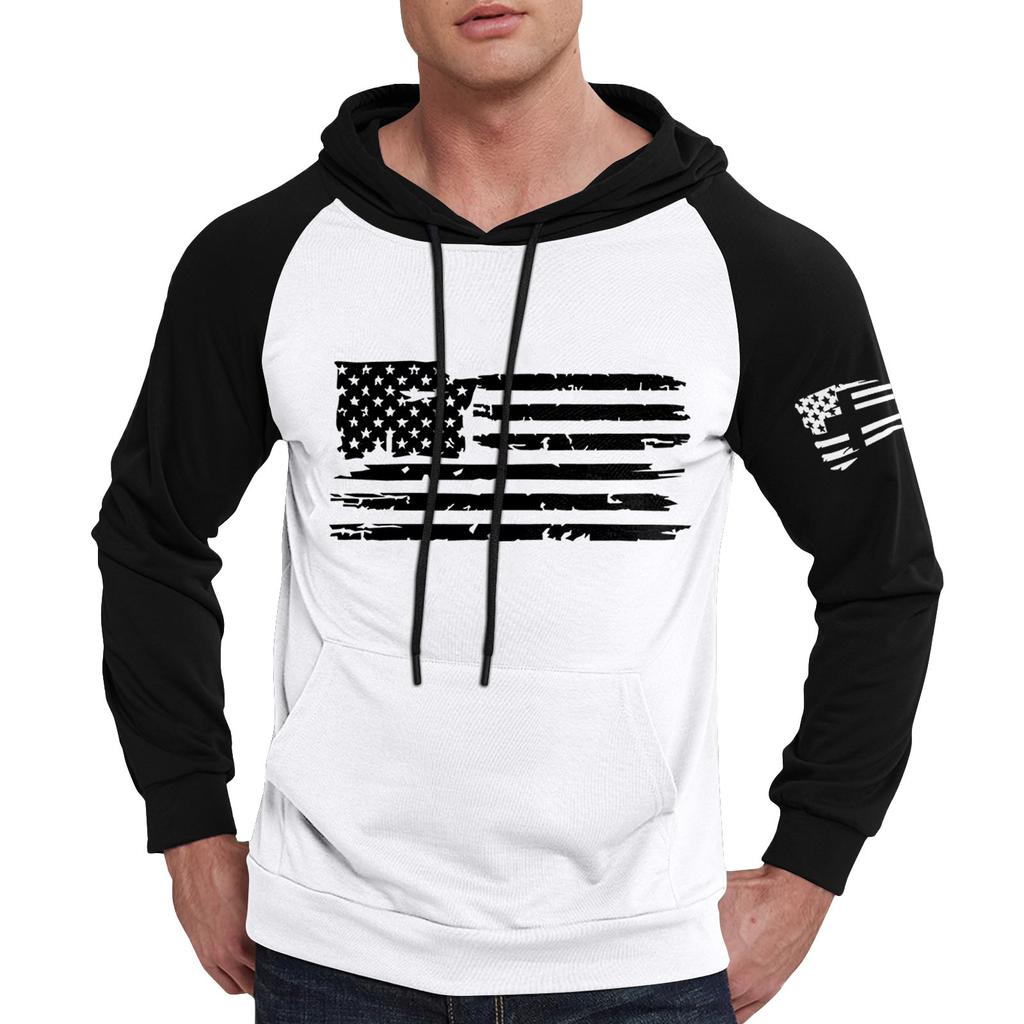 Herren Lässiges Kapuzen-Sweatshirt mit Kordelzug, lang, mit Flaggen-Print und Taschen