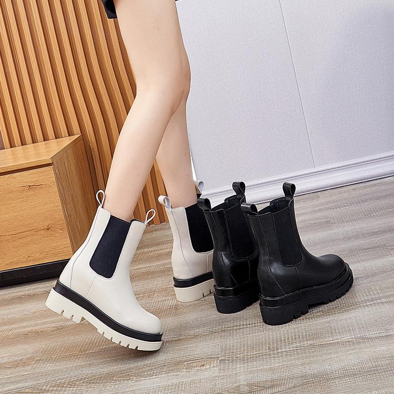Autumn and Winter Fleece-Lined New Genuine Leather Women's Platform Height Increasing Insole Casual Smoke Pipe Boots Women